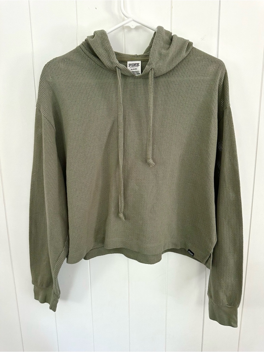 PINK Victoria's Secret Olive Green Waffle-Knit Cropped Hooded Pullover